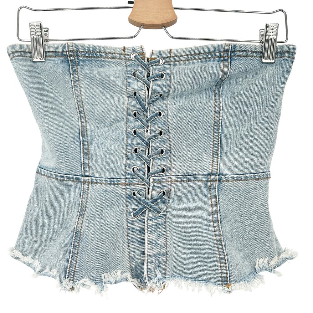 Forever 21 Womens Y2K Lace Up Raw Hem Denim Corset Tube Top Size‎ S Medium Wash